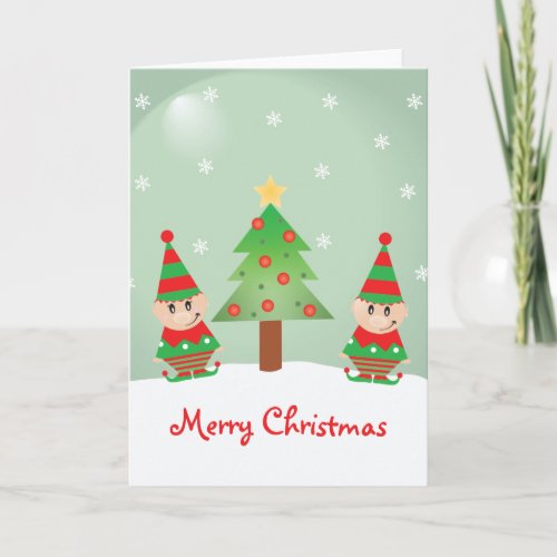 Cute Elf And Christmas Tree With Snowflakes Card