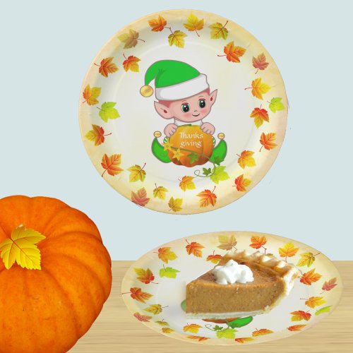 Cute Elf and Fall Leaves Thanksgiving Paper Plates