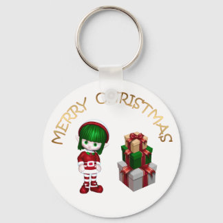 Cute Elf and Gifts Merry Christmas Keychain
