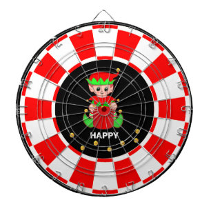 Cute Elf and Gold Confetti on Black Red & White Dart Board