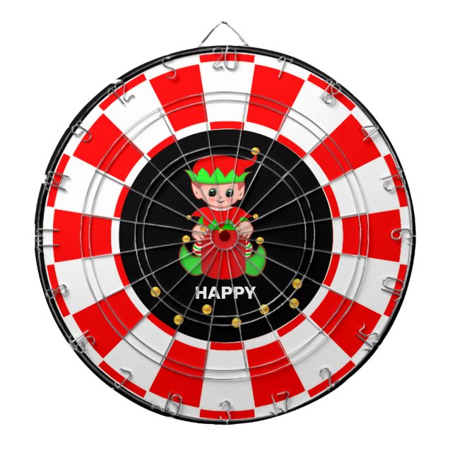 Cute Elf and Gold Confetti on Black Red & White Dart Board (Front)