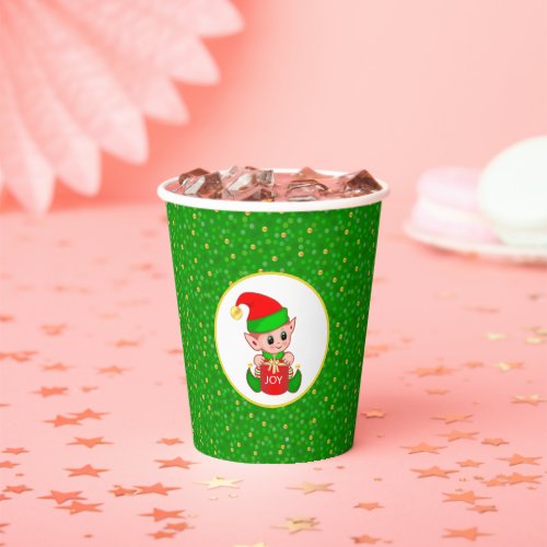 Cute Elf and Golden Confetti on Green Glitter Pape Paper Cups