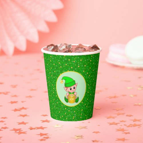 Cute Elf and Golden Confetti on Green Glitter Paper Cups