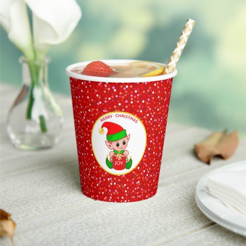 Cute Elf and Golden Confetti on Red Glitter Paper Cups