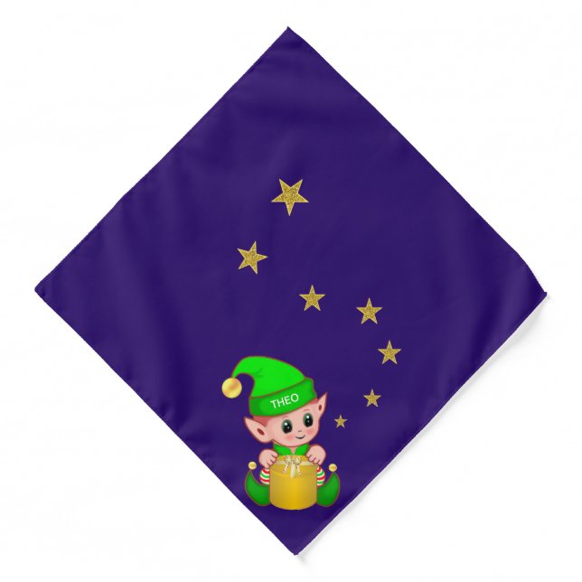 Cute elf and golden stars on indigo blue bandana (Front)