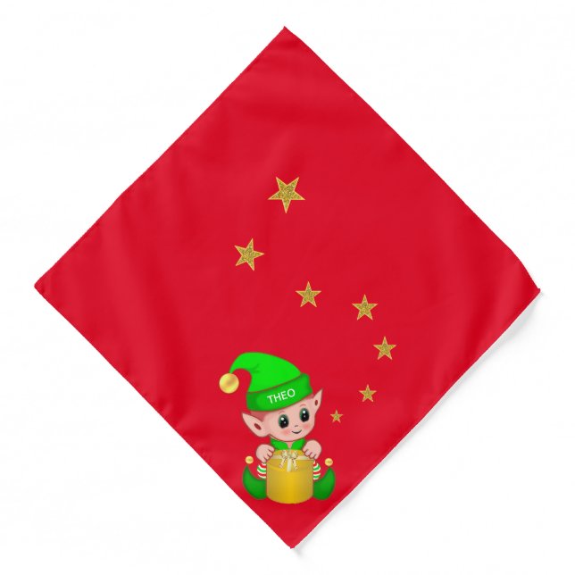 Cute elf and golden stars on red bandana (Front)