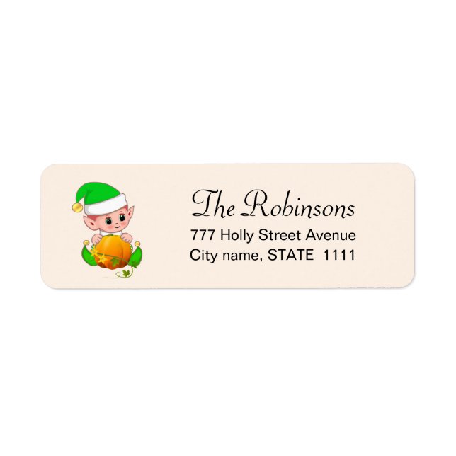 Cute Elf and Pumpkin on Light Beige Label (Front)