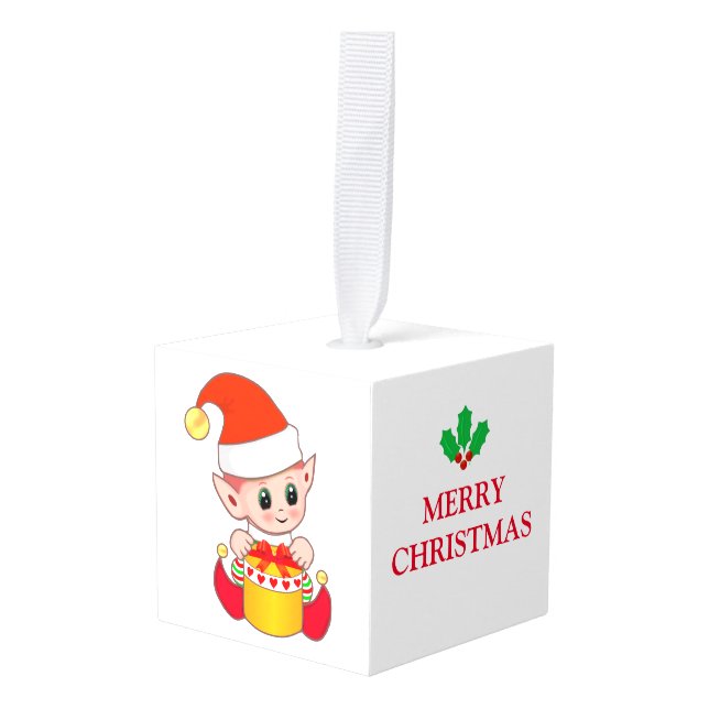 Cute Elf & Angel Christmas Cube Ornament (Front Angled)