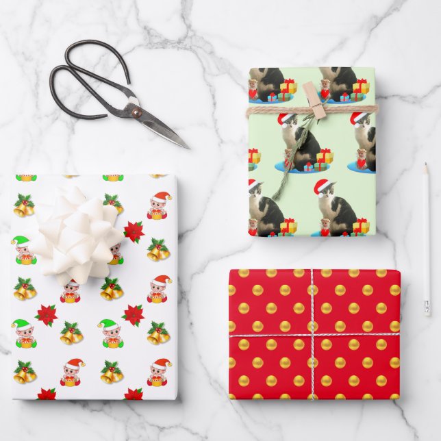 Cute Elf, Bells, Carol Cat & Golden Polka Dots Wrapping Paper Sheets (Front)