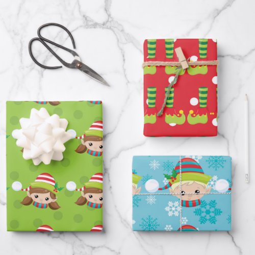 Cute elf boy girl feet christmas pattern festive  wrapping paper sheets