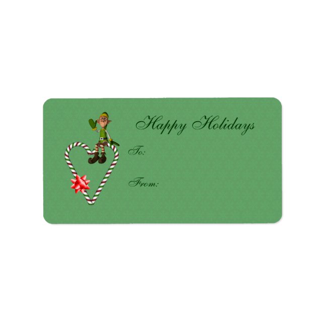 Cute Elf Candy Cane Heart Holiday Gift Tag (Front)