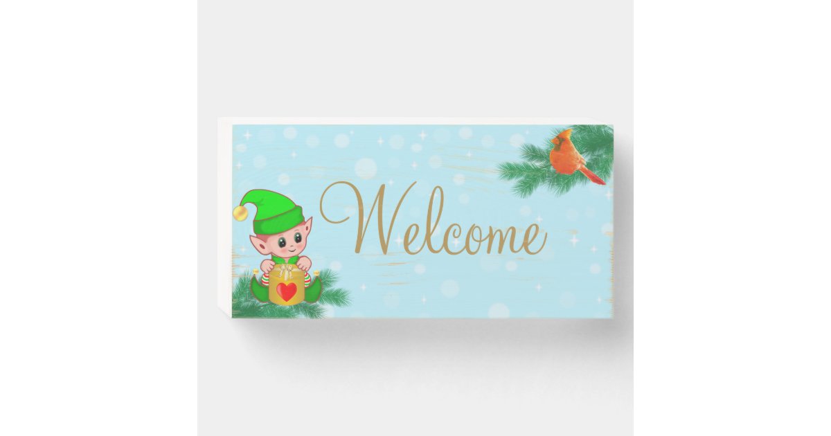Cute elf & cardinal bird welcome Wooden Sign | Zazzle