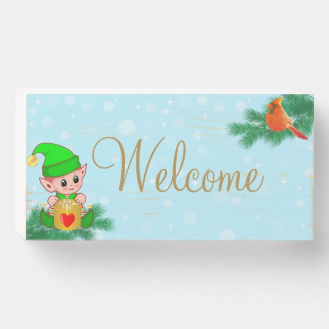 Cute elf & cardinal bird welcome Wooden Sign (Front Horizontal)