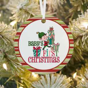 Cute Elf Carrying Presents Baby's First Christmas Metal Ornament