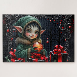 Cute Elf Child in Green Hooded Coat Jigsaw Puzzle