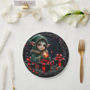 Cute Elf Child in Green Hooded Coat Paper Plates