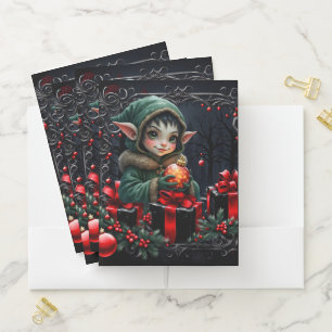 Cute Elf Child in Green Hooded Coat Pocket Folder