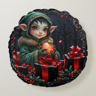 Cute Elf Child in Green Hooded Coat Round Pillow