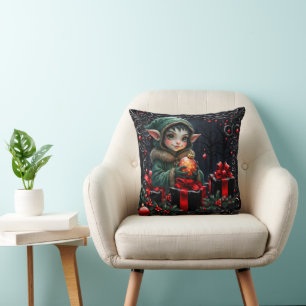 Cute Elf Child in Green Hooded Coat Throw Pillow