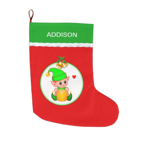 Cute Elf  Christmas Bells on Red Large Christmas Stocking