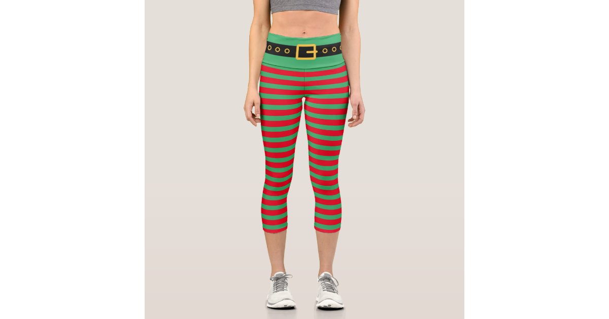 Striped Elf Green Red Novelty Christmas Leggings, Zazzle