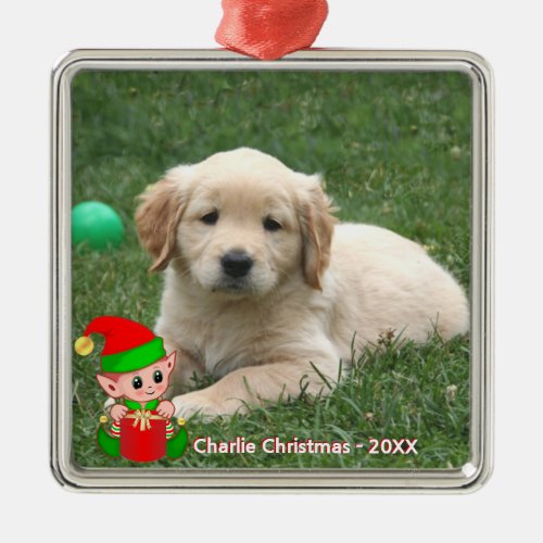 Cute Elf  Custom Golden Retriever Puppy Photo Metal Ornament
