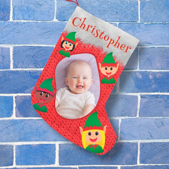 Cute Elf Custom Photo Name Text Red Crochet Print Small Christmas Stocking (Creator Uploaded)