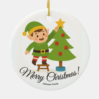 Cute Elf Decorating Tree Personalized Family Name Ceramic Ornament