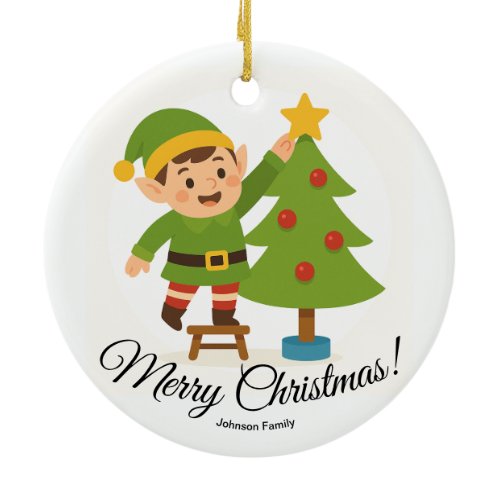 Cute Elf Decorating Tree Personalized Family Name Ceramic Ornament