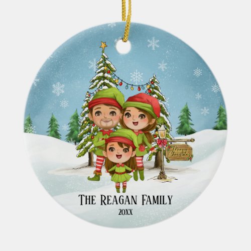 Cute Elf Family of 3 Mom Dad  Daughter Ceramic Ornament
