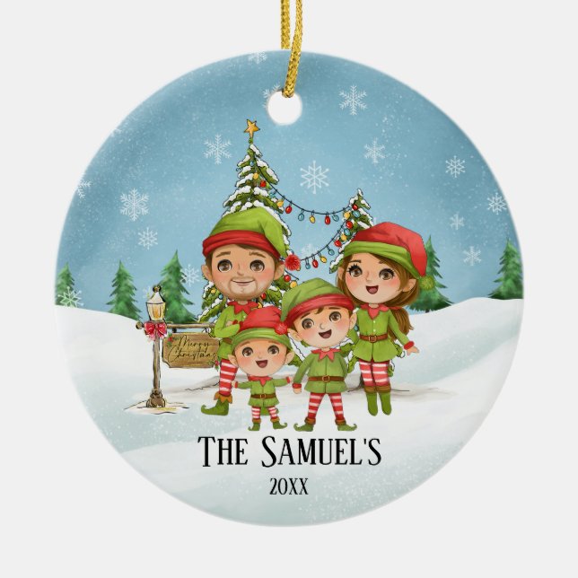 Cute Elf Family of 4 Mom Dad Sons Ceramic Ornament (Front)