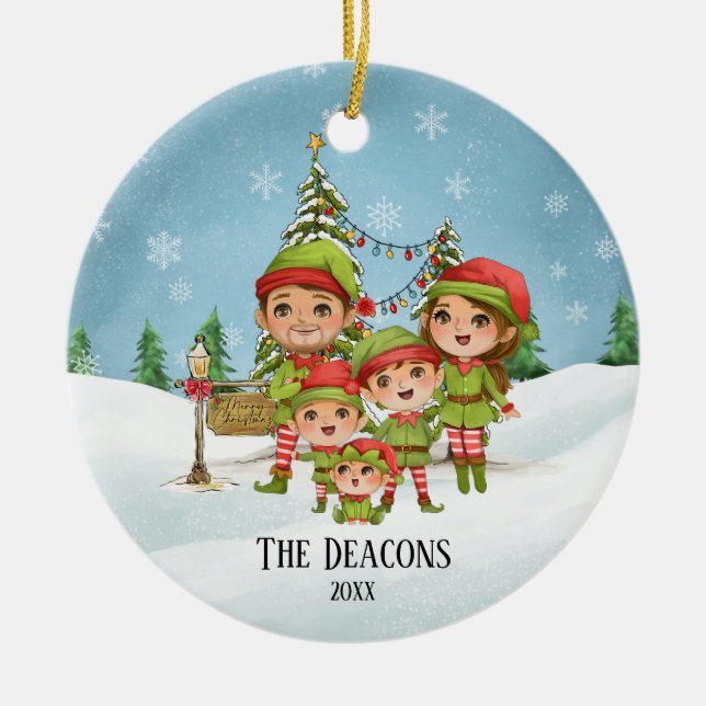 Cute Elf Family of 5 Personalized Christmas Ceramic Ornament (Front)