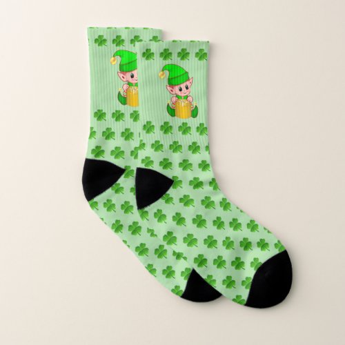 Cute Elf  Four_Leaf Clover Pattern on Lime Green  Socks