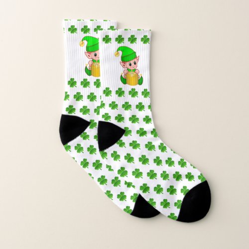 Cute Elf  Four_Leaf Clover Pattern on White Socks