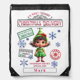 Cute Elf Girl Special Delivery Xmas Personalized Drawstring Bag