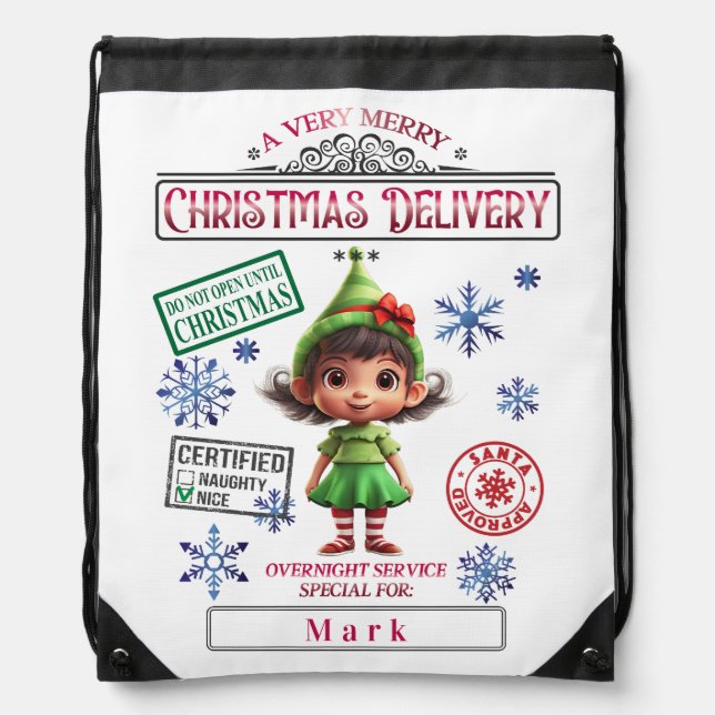 Cute Elf Girl Special Delivery Xmas Personalized Drawstring Bag (Front)