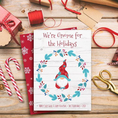 Cute Elf Gnome for Holidays Floral Wreath Rustic Holiday Card