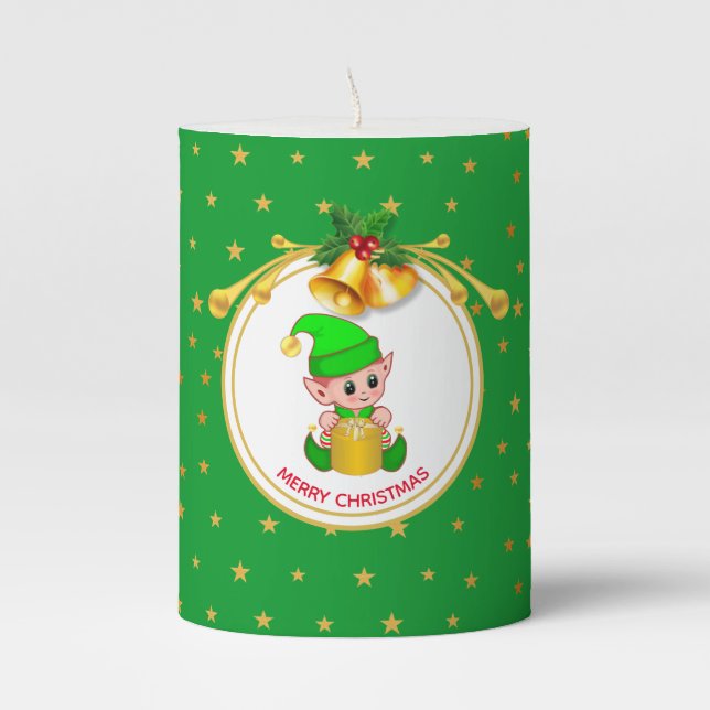 Cute Elf, Golden Christmas Bells & Stars on Green Pillar Candle (Front)