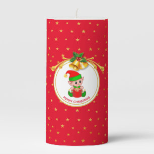 Cute Elf, Golden Christmas Bells & Stars on Red Pi Pillar Candle