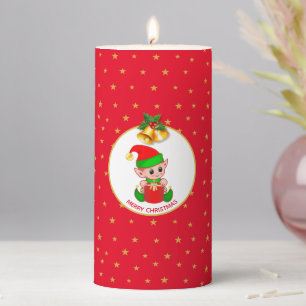 Cute Elf, Golden Christmas Bells & Stars on Red Pi Pillar Candle