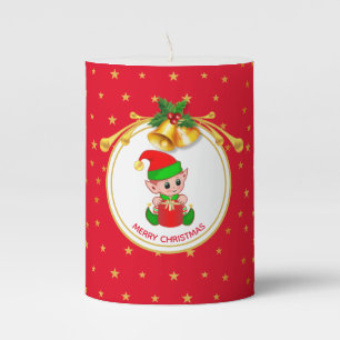 Cute Elf, Golden Christmas Bells & Stars on Red Pillar Candle