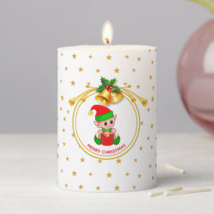 Cute Elf, Golden Christmas Bells & Stars Pillar Candle
