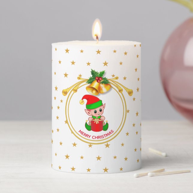 Cute Elf, Golden Christmas Bells & Stars Pillar Candle (In Situ)