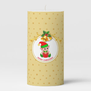 Cute Elf, Golden Christmas Bells & Stars Pillar Candle