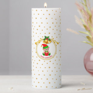 Cute Elf, Golden Christmas Bells & Stars Pillar Candle