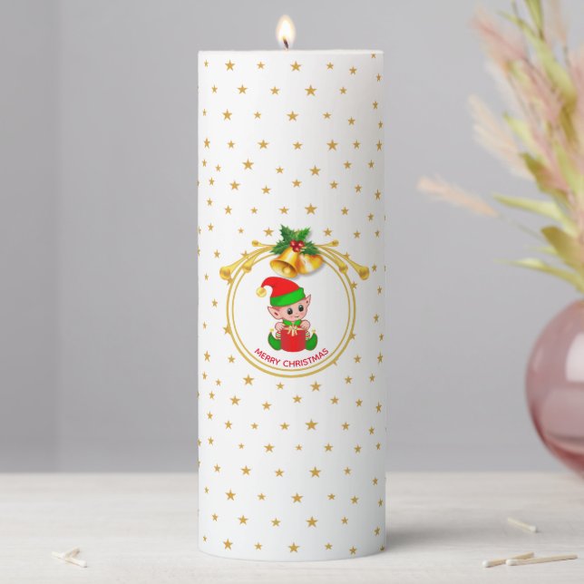 Cute Elf, Golden Christmas Bells & Stars Pillar Candle (In Situ)