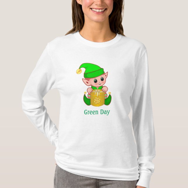 Cute Elf & Green Day Text T-Shirt (Front)