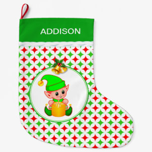 Cute Elf & Green & Red Diamond Star Pattern Large Christmas Stocking