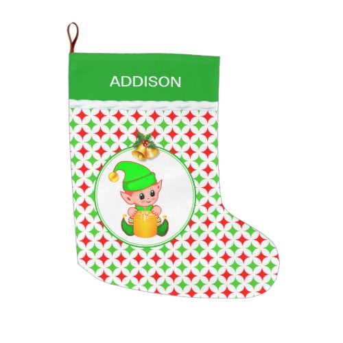 Cute Elf  Green  Red Diamond Star Pattern Large Christmas Stocking