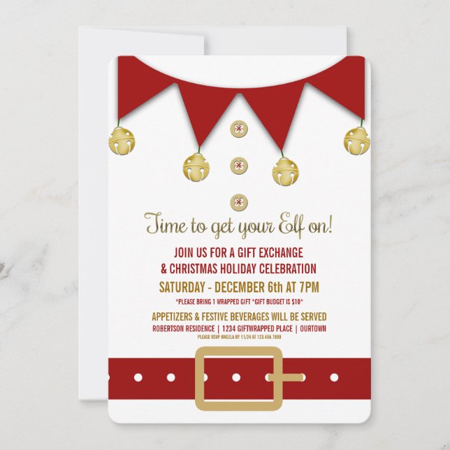 Cute Elf Holiday Gift Exchange Party Invitation (Front)